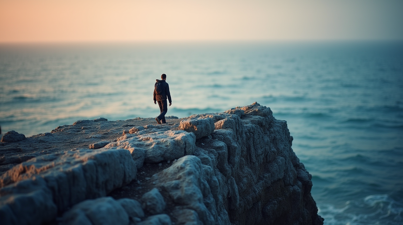 Traveler hiking on a rocky cliff at sunrise with ocean views