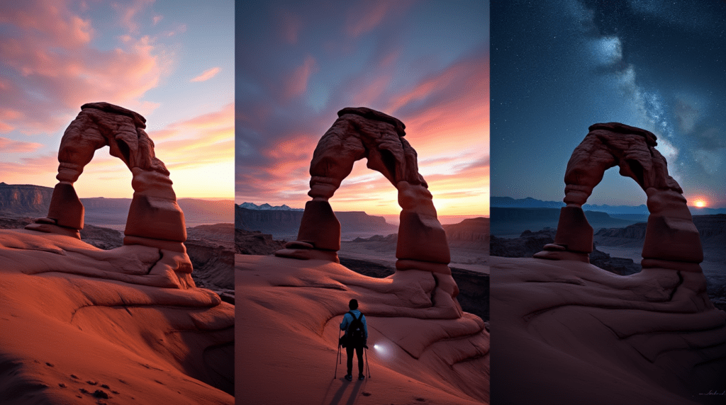 Triptych of Delicate Arch: sunrise silhouette, golden sunset glow, and starry night sky with Milky Way