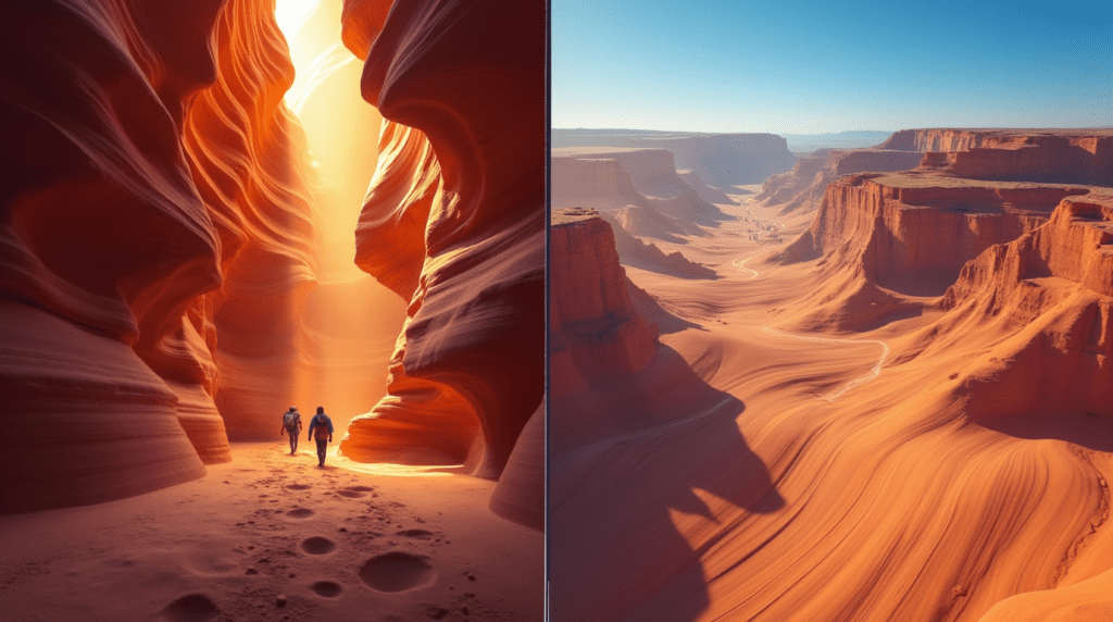 Split-screen image of Antelope Canyon's flowing sandstone interior and The Wave's swirling patterns in Arizona, showcasing unique geological formations