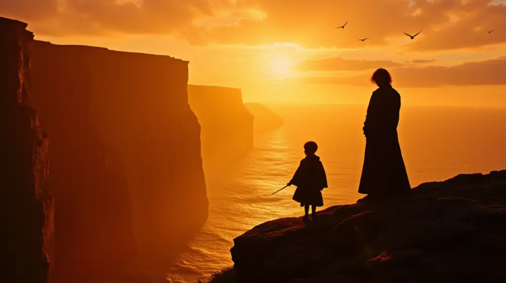 Cliffs of Moher at sunset with Harry Potter and Dumbledore silhouettes, wands raised towards magical cave entrance