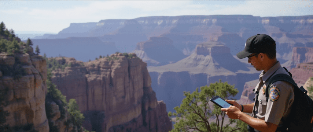 A modern park ranger using a tablet or smartphone while standing in front of an iconic natural landmark