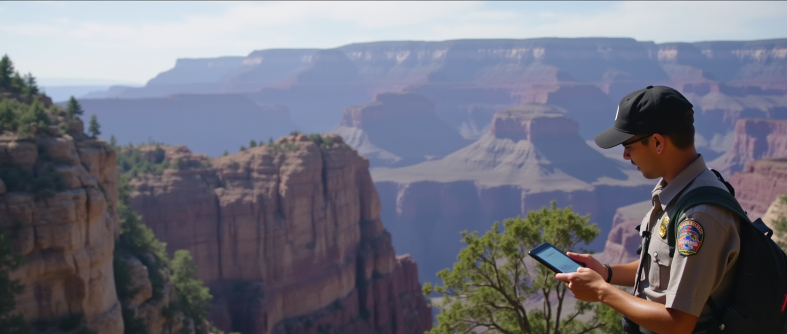 A modern park ranger using a tablet or smartphone while standing in front of an iconic natural landmark