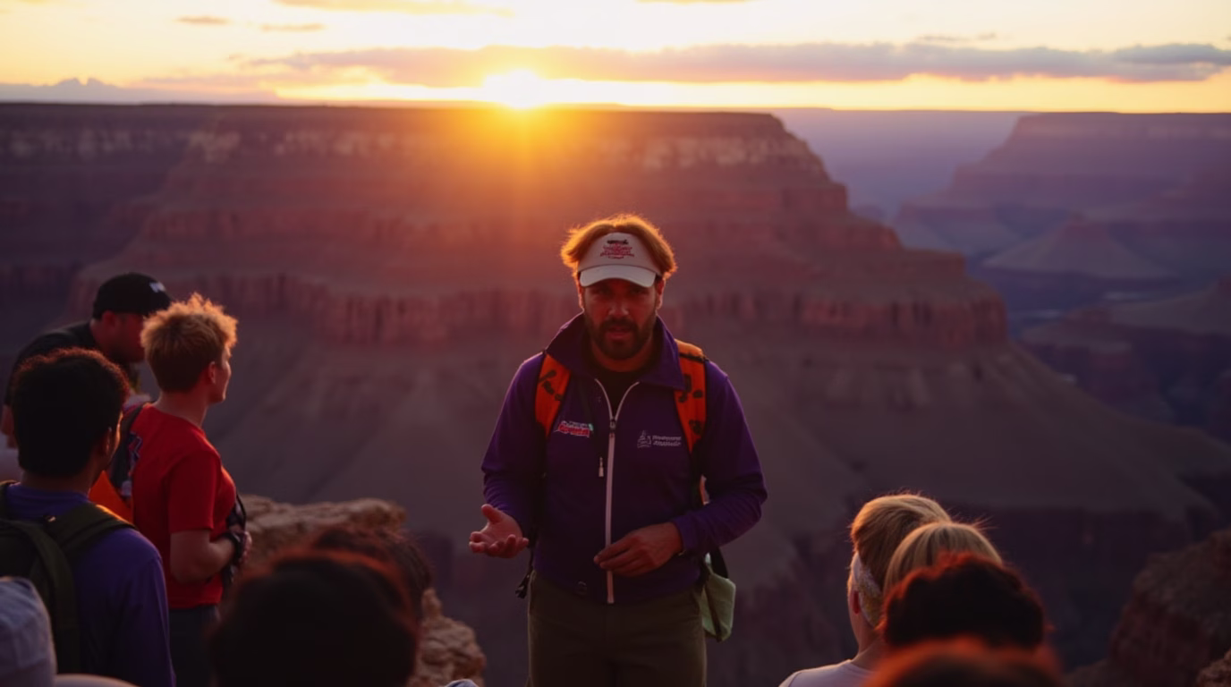 A professional headshot of a successful park guide in action - specifically capturing them leading a small group at sunrise in Grand Canyon National Park