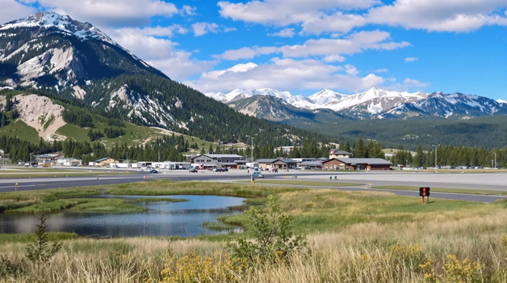 Airports serving Yellowstone National Park, including WYS (West Yellowstone), BZN (Bozeman), JAC (Jackson Hole), IDA (Idaho Falls), COD (Cody), and BIL (Billings)