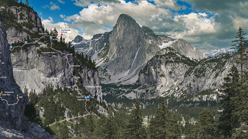 Transportation routes and driving directions between Sacramento and Yosemite National Park via Highway 99, Highway 120, and Highway 140