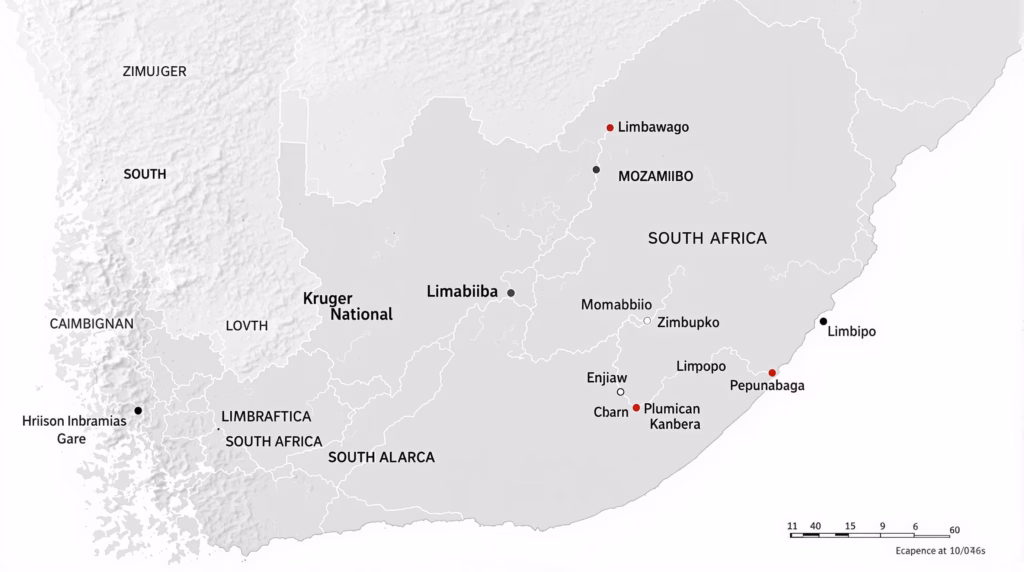 Geographic location and boundaries of Kruger National Park in northeastern South Africa, including its borders with Mozambique and Zimbabwe, provincial location in Limpopo and Mpumalanga, and major entrance gates