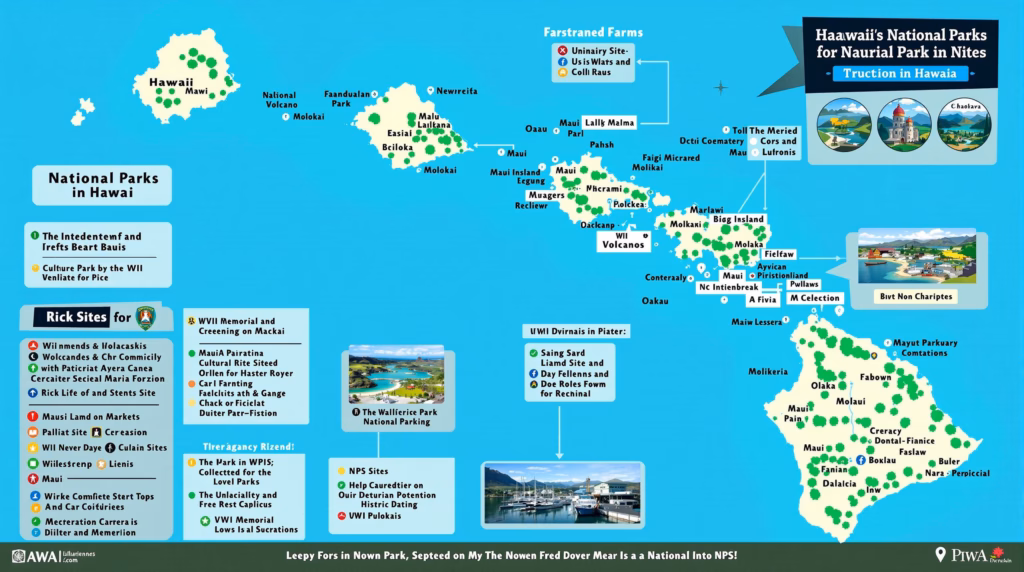 National Parks in Hawaii - Geographic distribution and characteristics of 8 NPS sites across Hawaiian islands (Big Island, Maui, Oahu, Molokai) including volcanoes, cultural sites, WWII memorials, and historic settlements