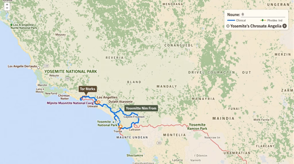 Travel route details: Los Angeles to Yosemite National Park driving distances, alternative routes, and transportation options